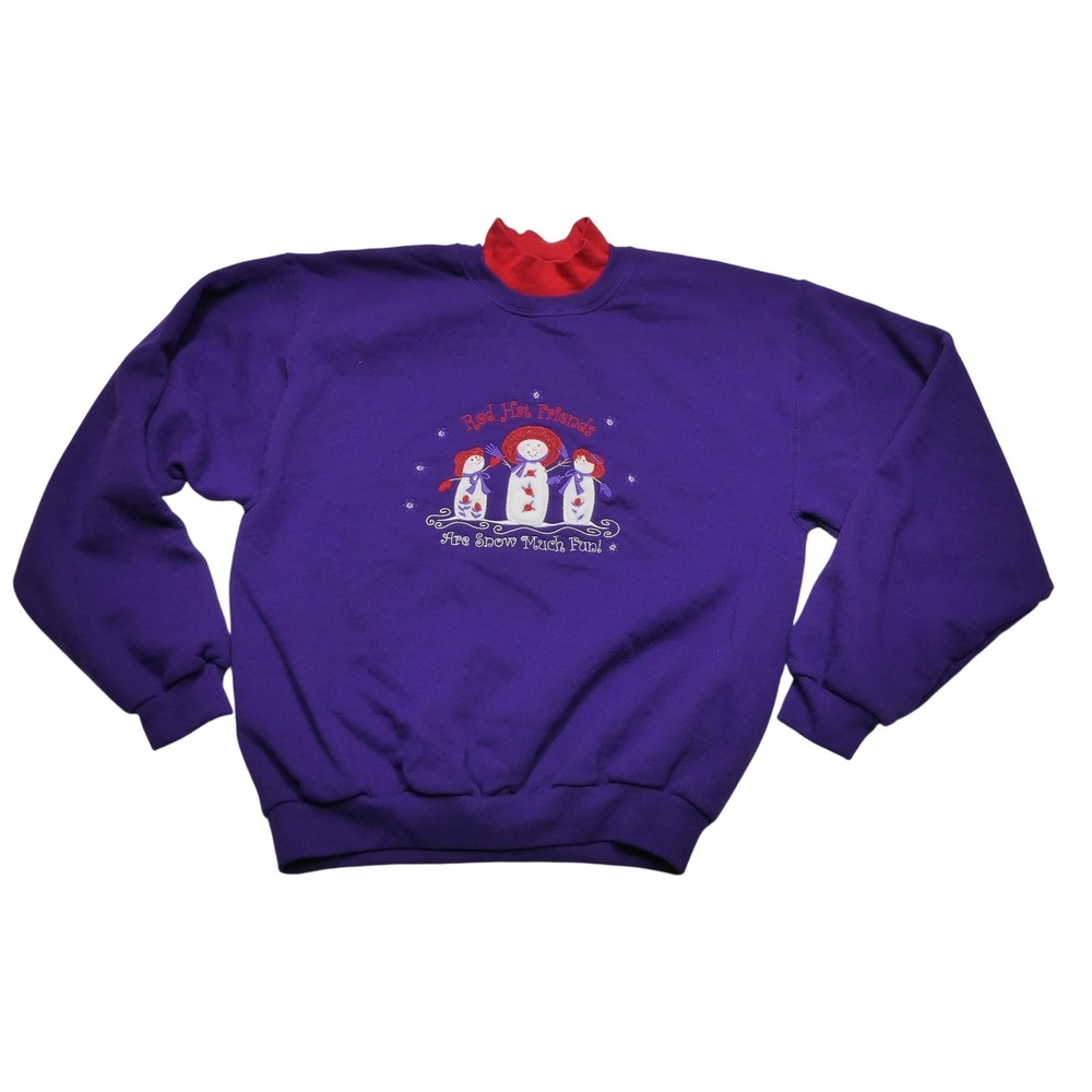 Red Hat Friends Sweatshirt Womens Medium Purple Mock Neck Embroidered Snowman